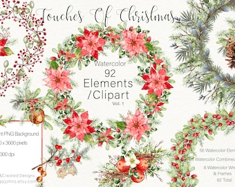 92 toques de elementos navideños/clip-art: flores de pascua, coronas, ramos, acebo y bayas