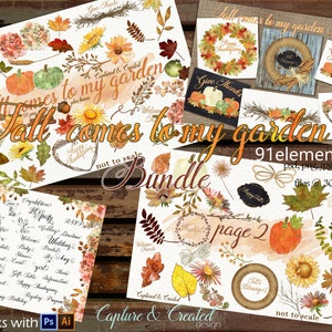 Fall Comes To My Garden Bundle -91 Elements of Flowers, Leaves, Pumpkins, Wreaths & Bouquets