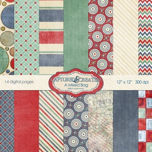 A Mixed Bag Digital Paper Pack- Red, Blue,Cream and Sage 12x12 papers **INSTANT DOWNLOADS**
