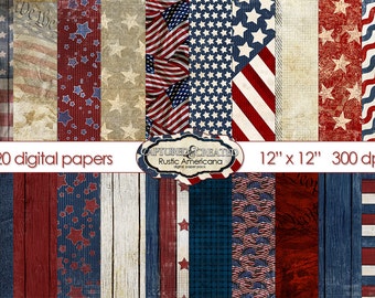 Rustic Americana-20 Digital Paper Pack **INSTANT DOWNLOAD** Wood, Stars & Stripes, Scrapingbooking Papers