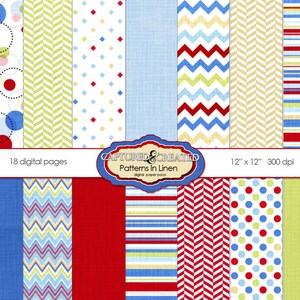 18 Patterned In Linen Digital Paper Pack -Red, Blue,Yellow &  Green Papers **INSTANT DOWNLOAD**