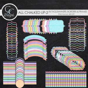 May include: A collection of pastel-colored tags, banners, borders, and frames on a black background. The image includes various shapes, such as scalloped edges, rounded rectangles, and decorative frames. Text reads "ALL CHALKED UP-2 96 TAGS, BANNERS, BORDERS & FRAMES".