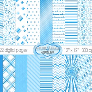 May include: A digital paper pack with 22 different blue and white patterns. The patterns include stripes, polka dots, zigzags, and more. The paper pack is 12 inches by 12 inches and 300 dpi.