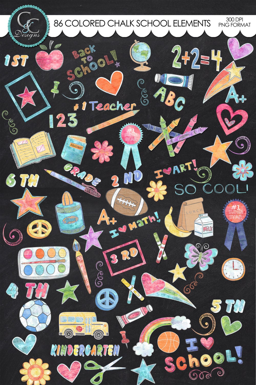 155 Colored Chalk School Elements/clipart Instant Download 