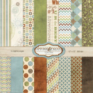 Op de afbeelding: Een digitaal papierpakket met 16 pagina's met verschillende patronen in tinten groen, blauw, bruin en beige. De patronen omvatten strepen, geometrische vormen en bladeren. De tekst "Captured & Created for Him" wordt weergegeven in een banner bovenaan de afbeelding. De tekst "12" x 12" 300 dpi" wordt onderaan de afbeelding weergegeven.