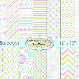 Può includere: Una collezione di 18 pagine digitali a tema Pasqua in colori pastello. I disegni includono motivi floreali, a righe, a pois e geometrici in morbidi colori rosa, blu, verde e lavanda. Le pagine misurano 30,48 cm x 30,48 cm.