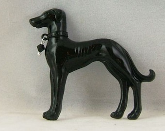 vintage Black Plastic Greyhound Pin with Jet Swarovski Crystal in Fabric Gift Bag and Gift Box - LAST ONE (DR-001)