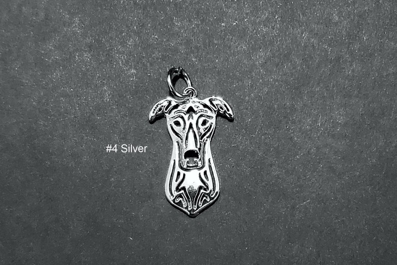 2 GREYHOUND Face Portrait Charm or 1 of EACH COLOR Racing Rescued Dog Puppy Jwl Silver - 2pc