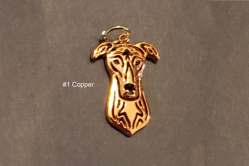 2 GREYHOUND Face Portrait Charm or 1 of EACH COLOR Racing Rescued Dog Puppy Jwl Copper - 2pc