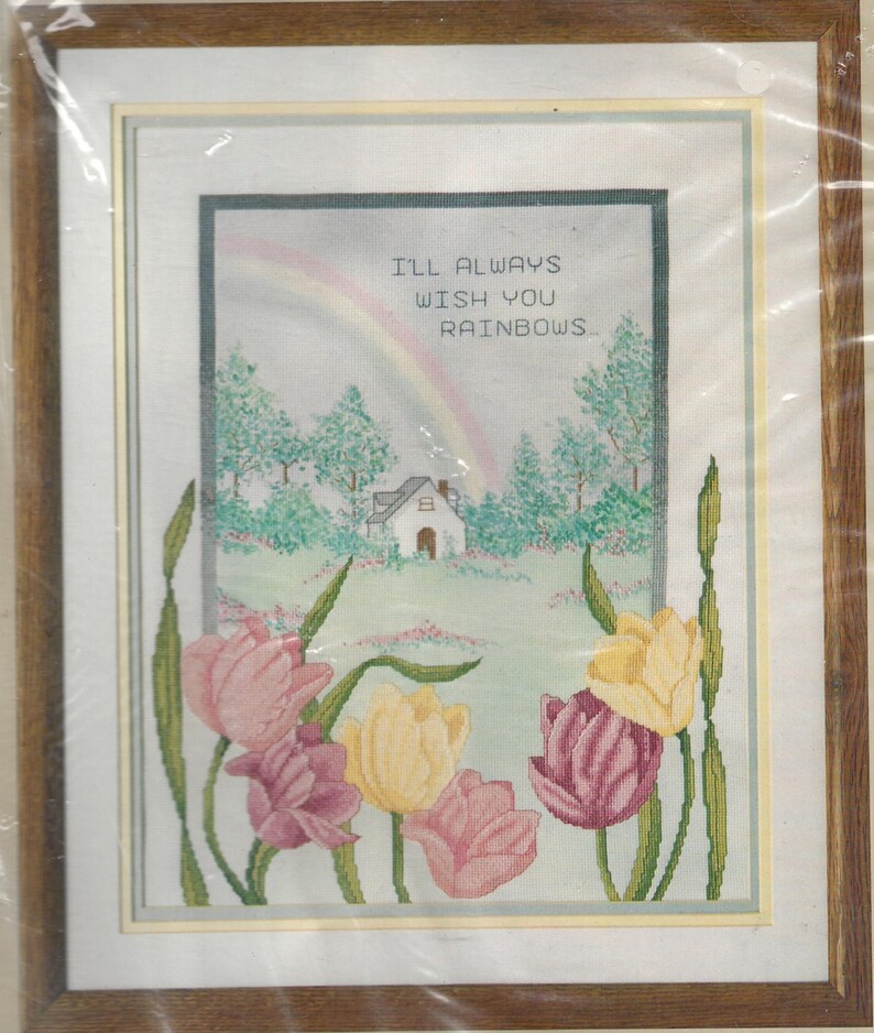 Vintage Cross Stitch Kit 1986 Candamar Designs 14 by 8 Tulips in Foreground Wish You Rainbow Picture Cross Stitch from Something Special