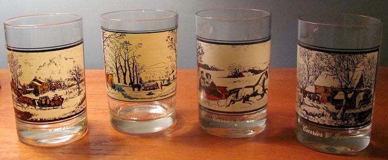 Set of 4 Currier /& Ives Highball Glasses from the 1978 Arby Collection Courtesy of the Museum of the City of New York Earthtones on Beige.