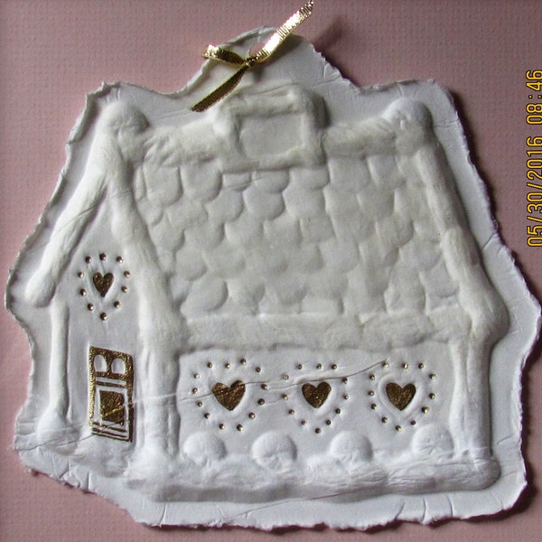 Lovely Cream Paper Gingerbread House From Vintage 1985 Brown Bag Cookie Art Mold, Gold Trim, Cream and Gold Mats, Square Gold Frame, 10 7/8"