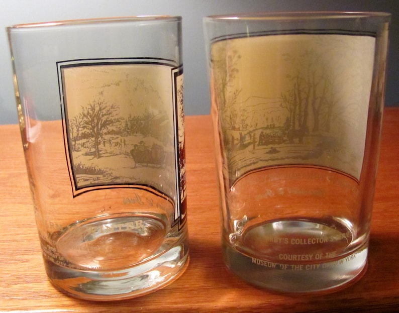 Set of 4 Currier /& Ives Highball Glasses from the 1978 Arby Collection Courtesy of the Museum of the City of New York Earthtones on Beige.