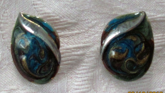 Vintage Paisley Marbled Enamel Earrings with Gold… - image 1