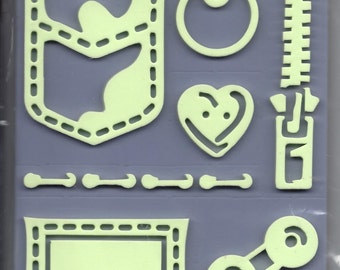 2005 Dimensions Inkadinkado Foam Works Details Foam Stamps, Buttons & Bows. Set of Nine. Zipper, Pocket, Bow, Heart and Round Buttons, 94723