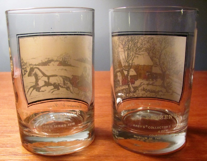 Set of 4 Currier /& Ives Highball Glasses from the 1978 Arby Collection Courtesy of the Museum of the City of New York Earthtones on Beige.