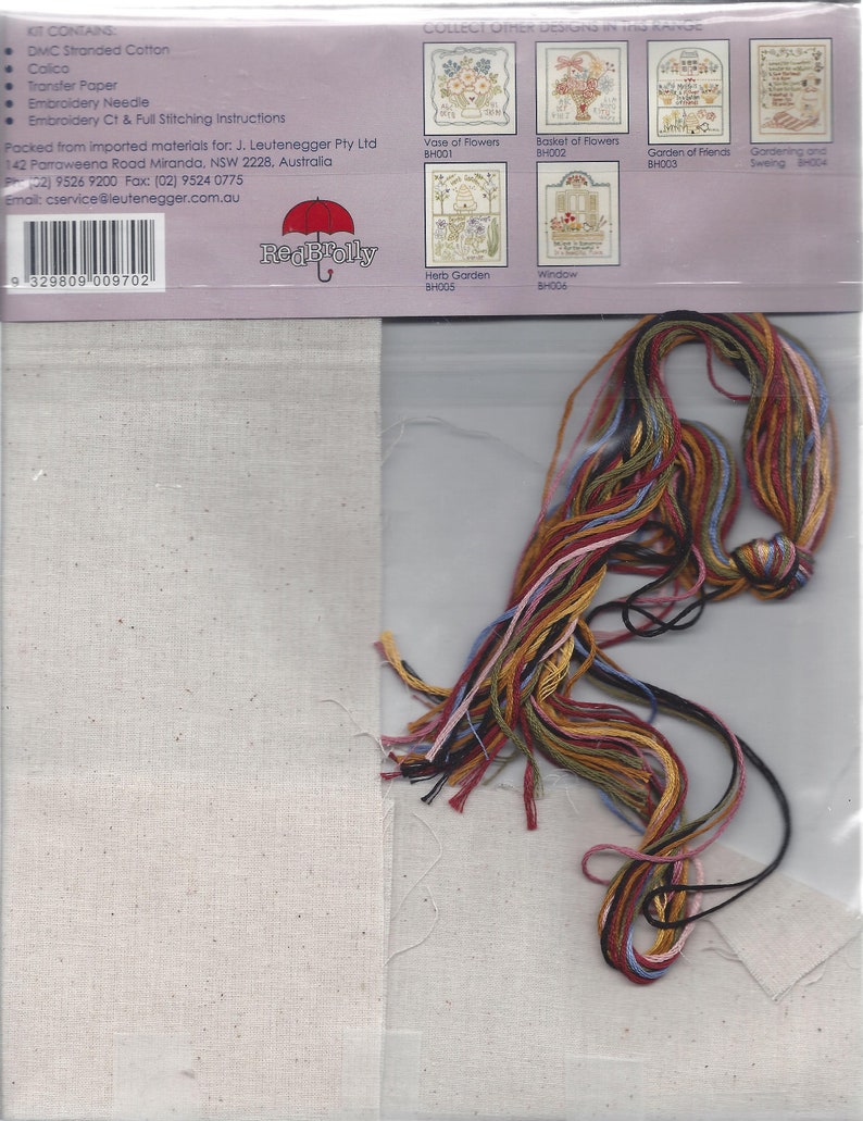 DMC Stitchery Kit Fabric Gardening and Sewing Iron-On Design Bronwyn Hayes Stitcheries Instructions. Embroidery Kit BH004 Floss
