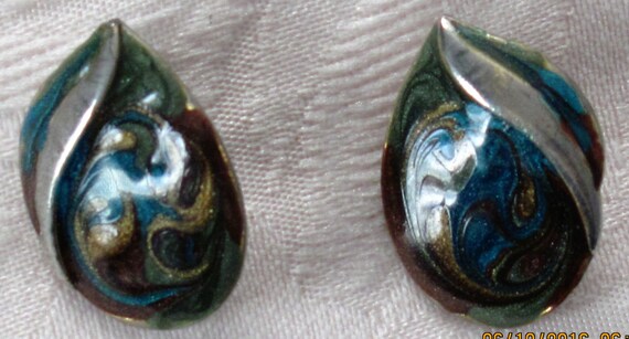 Vintage Paisley Marbled Enamel Earrings with Gold… - image 2