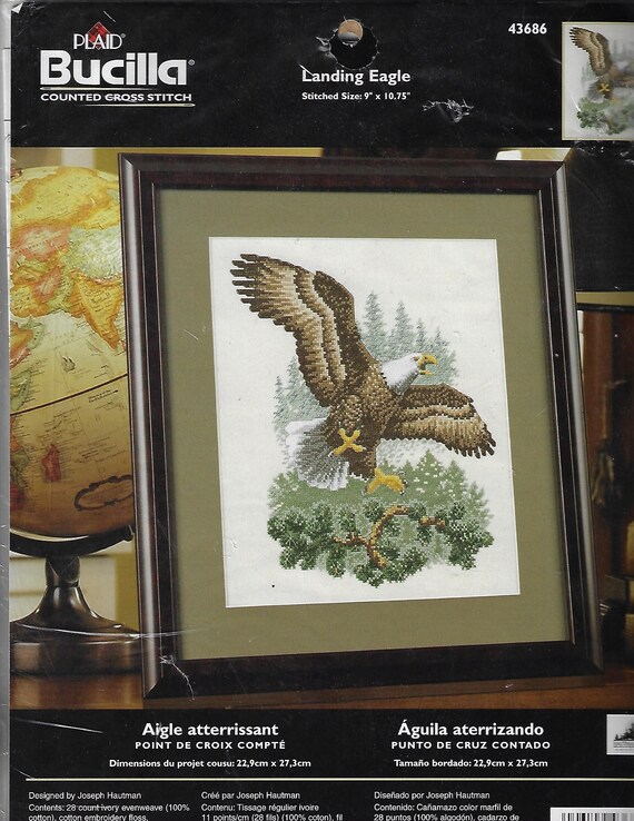 Bucilla Counted Cross Stitch Kit 43686. Landing Eagle. Deisnged by Joseph Hautman. 9" x 10.75". Unopened Kit. Eagled at Tree Top,