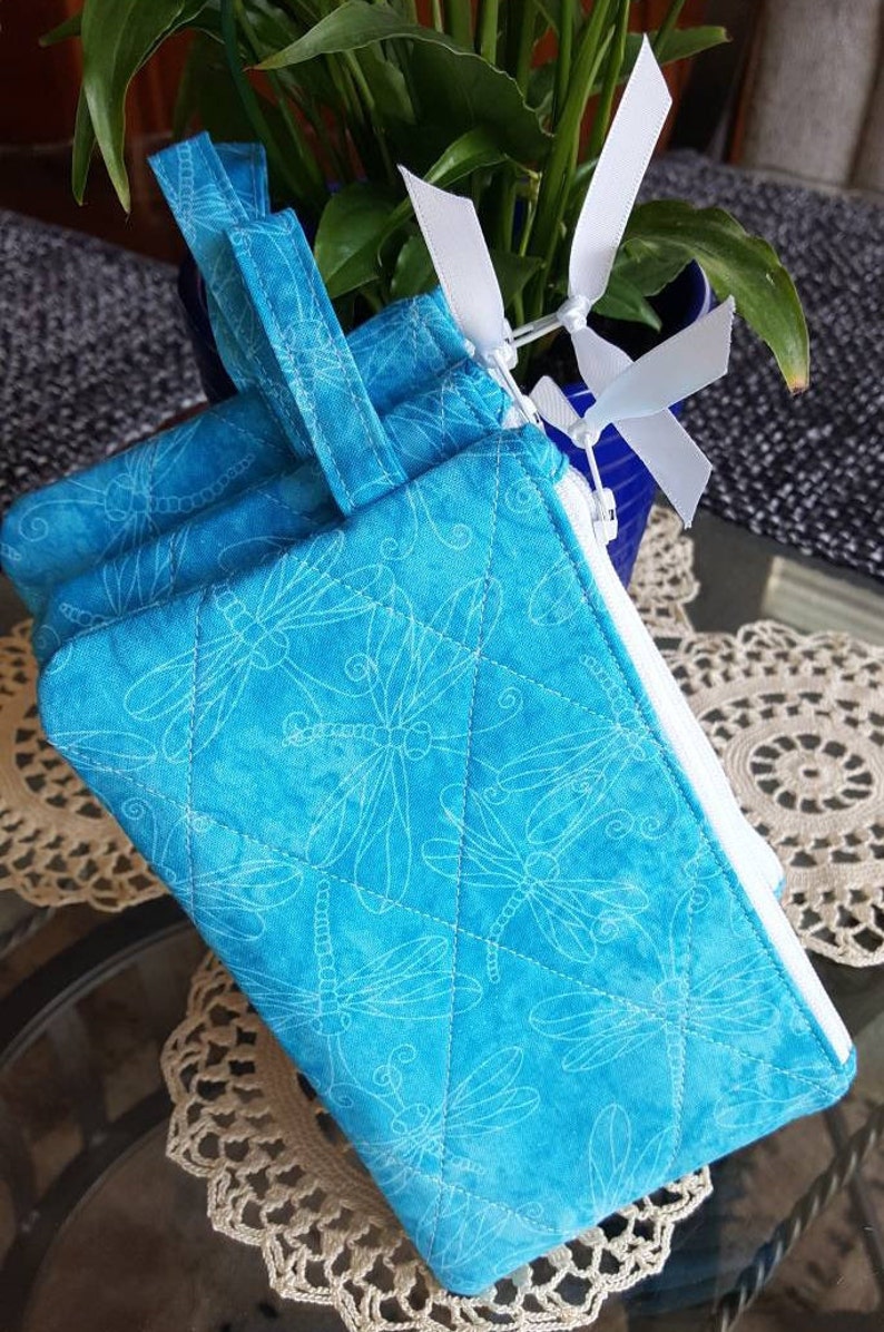makeup Teal w White Dragonflies phone cords credit cards Zipper Bag White Zipper keys cotton fabric organizer