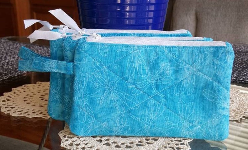 makeup Teal w White Dragonflies phone cords credit cards Zipper Bag White Zipper keys cotton fabric organizer