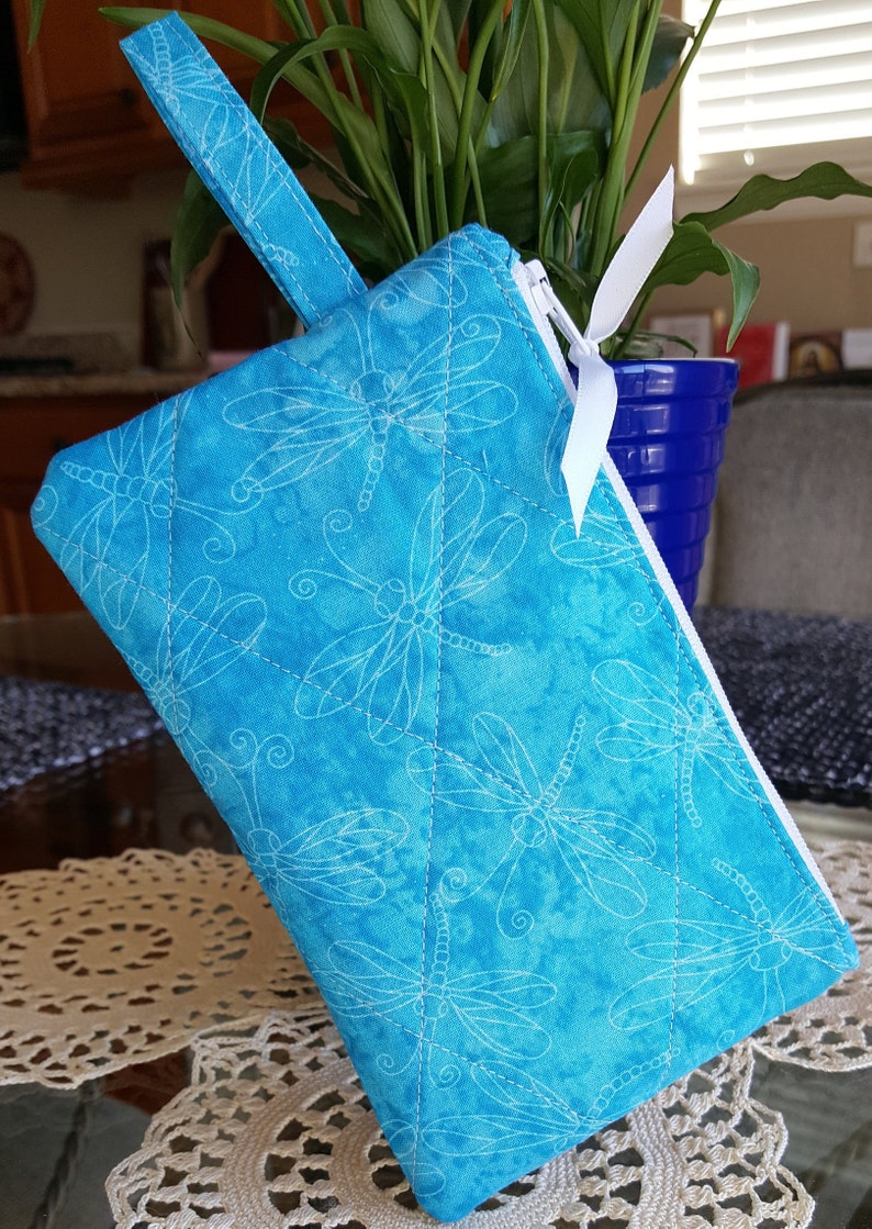 makeup Teal w White Dragonflies phone cords credit cards Zipper Bag White Zipper keys cotton fabric organizer