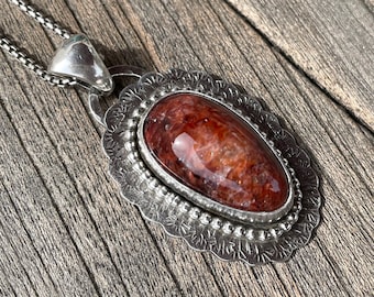Cherry Feldspar and Sterling Pendant, Sterling Silver and Stone Necklace, Red Stone Necklace, Handmade Necklace, Artisan Jewelry