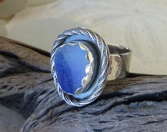 Sea Glass Ring, Blue Sea Glass Ring, Sterling Silver Ring, Multi Blue Seaham Sea Glass Ring, Adjustable Ring