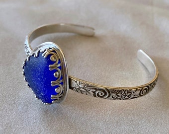 Cobalt Blue Authentic Sea Glass and Sterling Silver Cuff Bracelet, Royal Blue Sea Glass Bracelet, Blue Beach Glass Cuff Bracelet