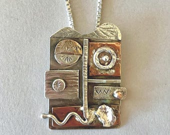 Mixed Metal Pendant, Sterling Silver Copper Necklace