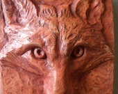 RED FOX Face Square Tile Wall Art Sculpture Sculpted Plaque Bas Relief Hydrostone in Burnt Orange color 5x5