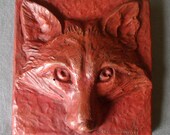 RED FOX Face Square Tile Wall Art Sculpture Sculpted Plaque Bas Relief Hydrostone in Terracotta color 5x5
