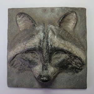 Puede incluir: Primer plano de una escultura de piedra gris de la cara de un mapache. La escultura es detallada y realista, con una superficie texturizada y una nariz negra.