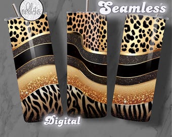 Gold Glitter Leopard Cheetah Print Tumbler Wrap 20oz Skinny Sublimation Instant Digital Download PNG