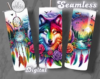 Envoltura para vaso con atrapasueños de lobo bohemio: diseño floral multicolor (descarga digital)