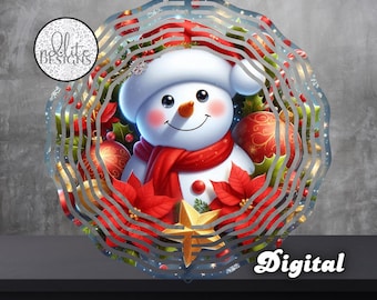 Könnte beinhalten: Digitaler Weihnachtsschmuck mit einem lächelnden Schneemann mit rotem Schal und Hut, umgeben von festlichen Dekorationen. Der Schmuck enthält rote Weihnachtsstern, Kugeln und einen goldenen Stern. Das Wort "Digital" ist in weißer Schrift geschrieben.