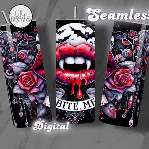 May include: Three cylindrical tumblers featuring a dark design with red roses, dripping vampire lips with fangs, and bats against a full moon. The text BITE ME is printed on a banner below the lips. The design includes hanging jewellery accents.