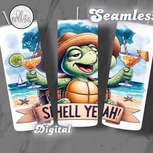 May include: A green turtle wearing a straw hat and sunglasses holds a tropical drink in each hand. The turtle is sitting on a beach with palm trees and the text "Shell Yeah!" on a banner.