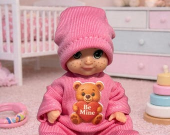 3 inch Doll Clothes Pajama Set – Pink Bear Valentine's Day pajamas and hat
