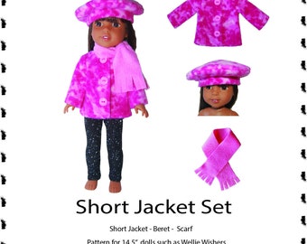 PDF printable sewing pattern Short Jacket Beret & Scarf  14.5 inch dolls like Wellie Wishers make it yourself instructions tutorial by TKCT