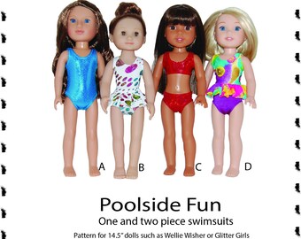 Patrón de costura en PDF para trajes de baño PoolSide Fun para muñecas de 14,5 pulgadas como Wellie Wishers. Hazlo tú mismo. Trajes de baño con volantes de bikini. 1 pieza por TKCT002.
