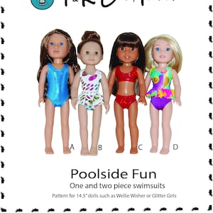 May include: A sewing pattern for making swimsuits for 14.5 inch dolls. The pattern includes four different swimsuit designs: a one-piece blue swimsuit, a one-piece floral swimsuit, a two-piece red swimsuit, and a two-piece floral swimsuit.