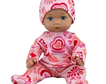 Handmade 8-Inch Baby Doll Pajamas – Pink Heart Rainbow Sleeper with Hat