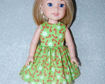 Dress for 14" Wellie Wishers or Melissa & Doug Doll Clothes Christmas Green CandyCane tkct1181 READY TO SHIP