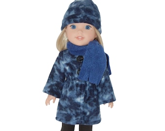 Jacket Hat Scarf for 14" Wellie Wishers or Melissa & Doug Doll Clothes blue tkct1280 long fleece coat handmade READY TO SHIP