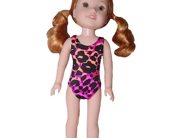 Swimsuit for 14.5" Wellie Wishers or Melissa & Doug Doll Clothes pink-coral-black dots tkct1155 READY TO SHIP