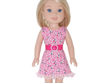 Dress for 14.5" Wellie Wishers or Melissa & Doug Doll Clothes sleeveless handmade pink flowers tkct1312 rts READY TO SHIP