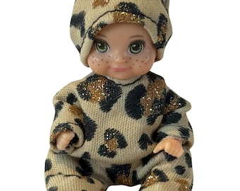 3 inch Doll Pajama Set – tan gold cheetah pajamas and hat