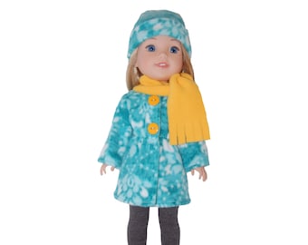 Jacket Hat Scarf for 14" Wellie Wishers or Melissa & Doug Doll Clothes minty green tkct1331 long fleece coat handmade READY TO SHIP