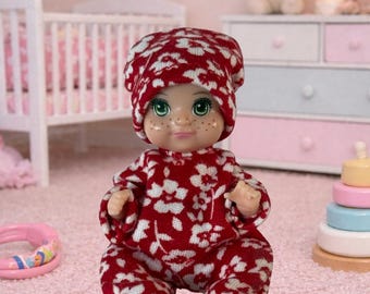 3 inch Doll Pajama Set – Red and White floral pajamas and hat